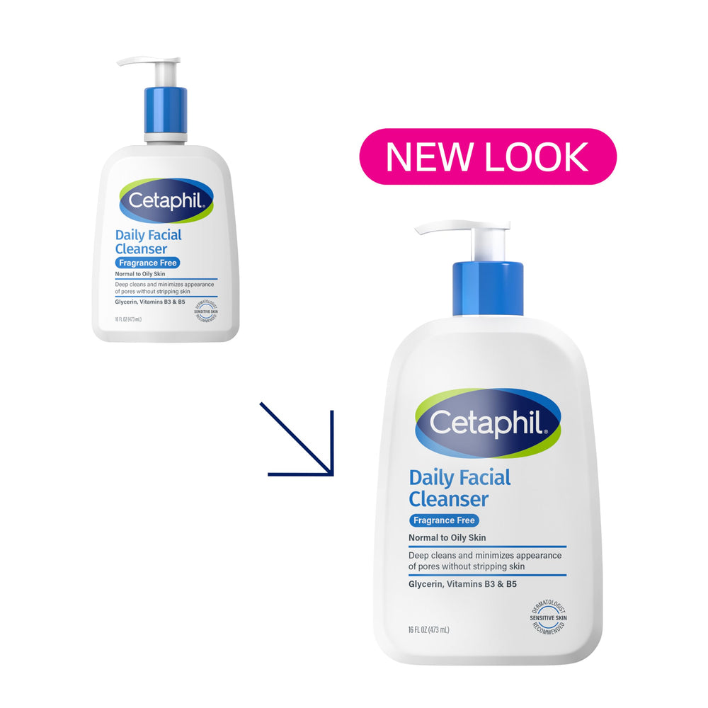 Fragrance-free Cetaphil label visible, highlighting hypoallergenic and paraben-free features.