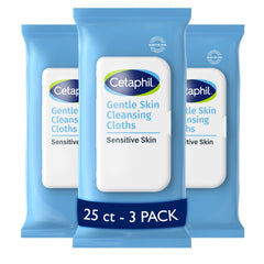Cetaphil Gentle Skin Cleansing Cloths pack front view; fragrance-free cleansing for sensitive skin.
