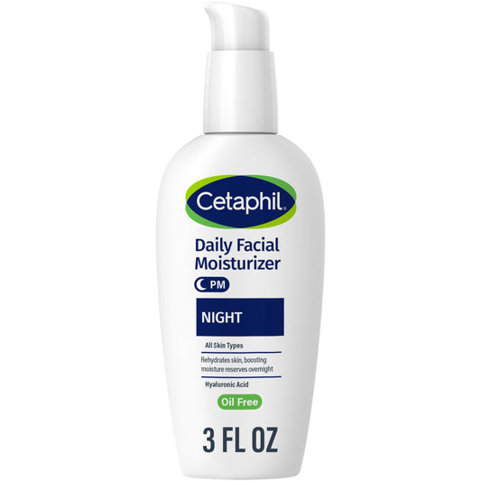 Cetaphil Night Moisturizer bottle demonstrating lightweight overnight hydration