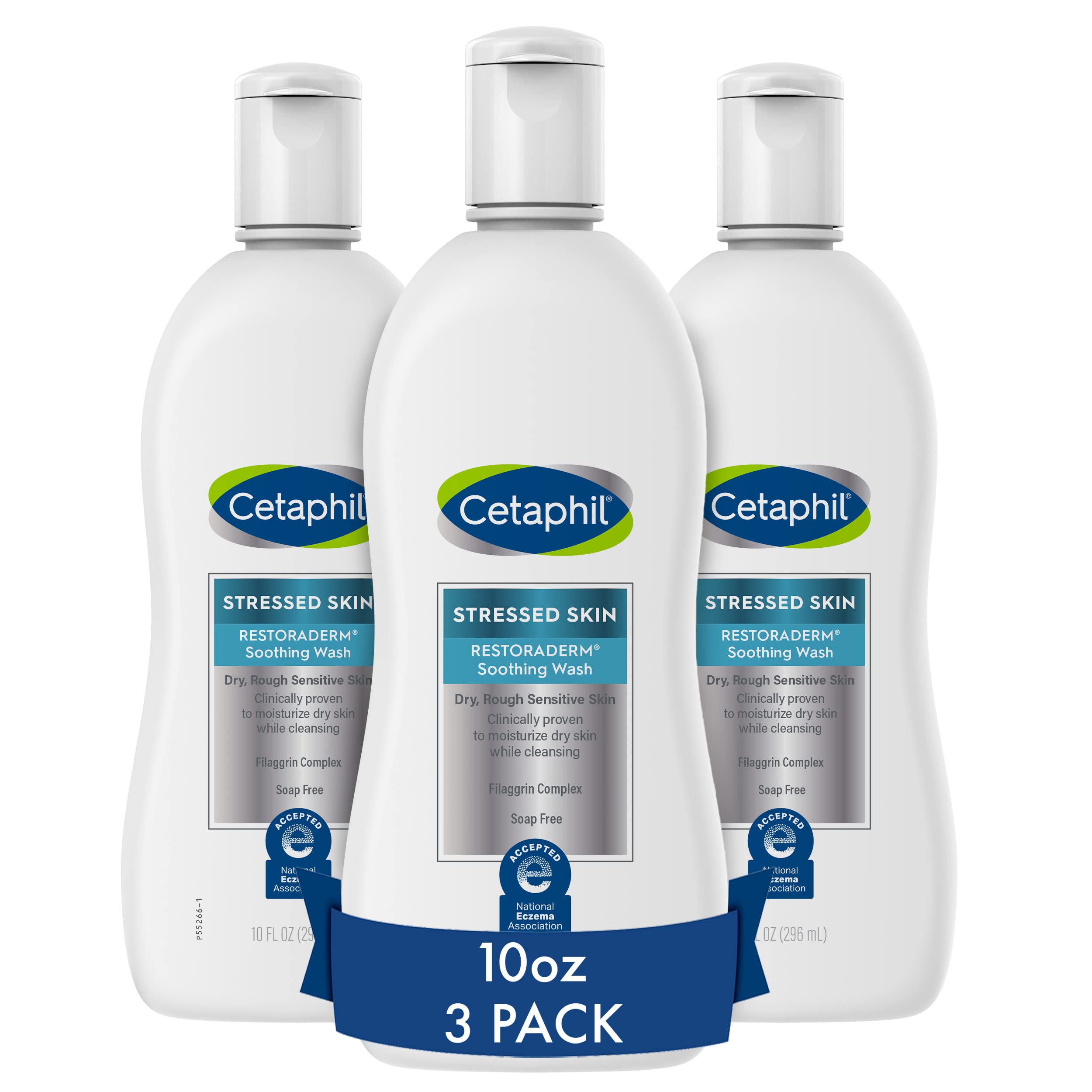 Cetaphil Restoraderm Soothing Wash bottle pour demonstrates gentle cleansing for very dry skin.