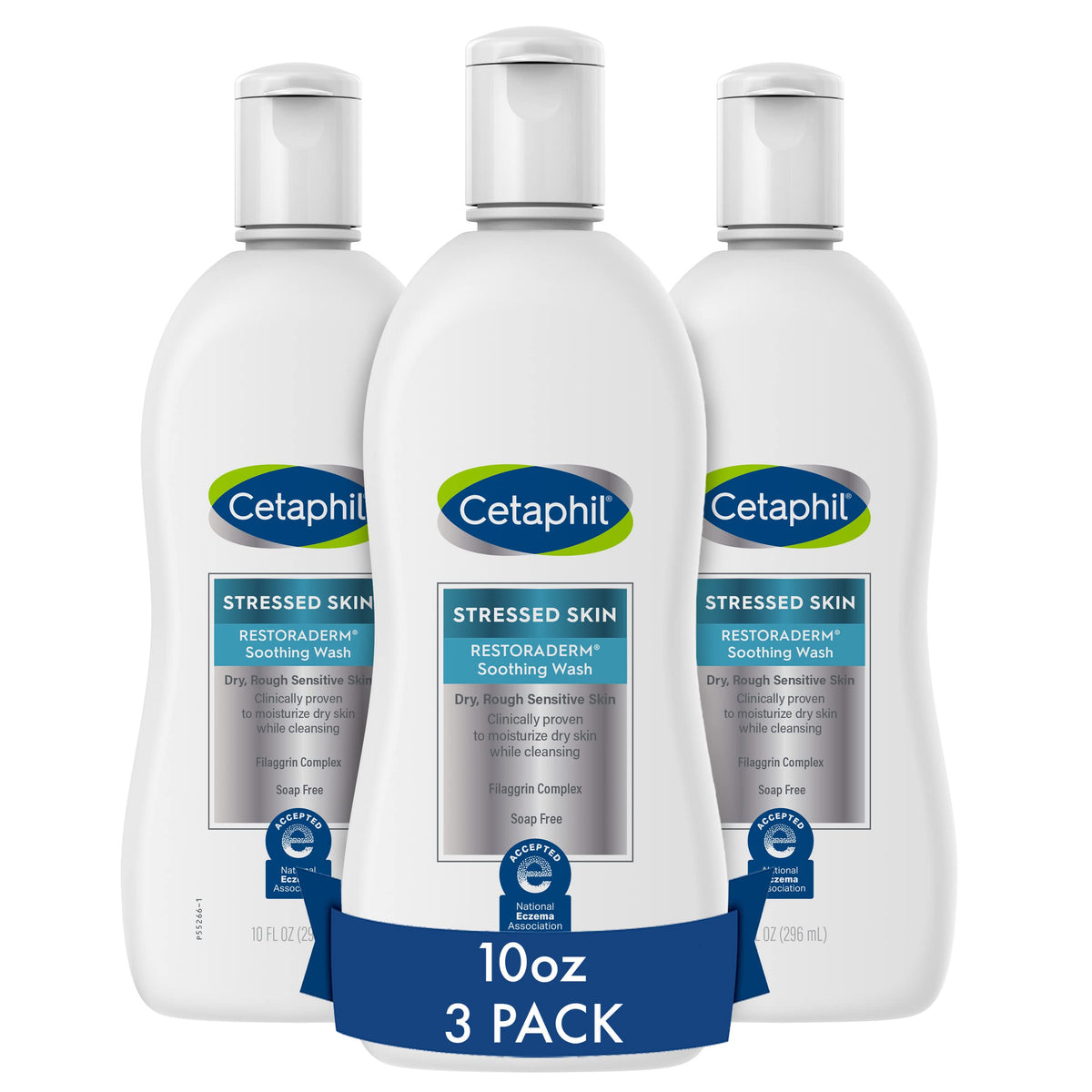 Cetaphil Restoraderm Soothing Wash bottle pour demonstrates gentle cleansing for very dry skin.