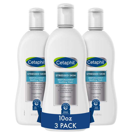 Cetaphil Restoraderm Soothing Wash bottle pour demonstrates gentle cleansing for very dry skin.