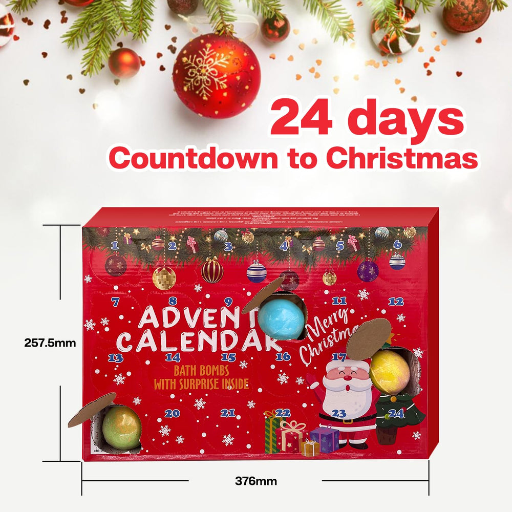 Cf Natural Daily Advent Calendar 24 bath bombs packaging shows safe, kid-friendly design.