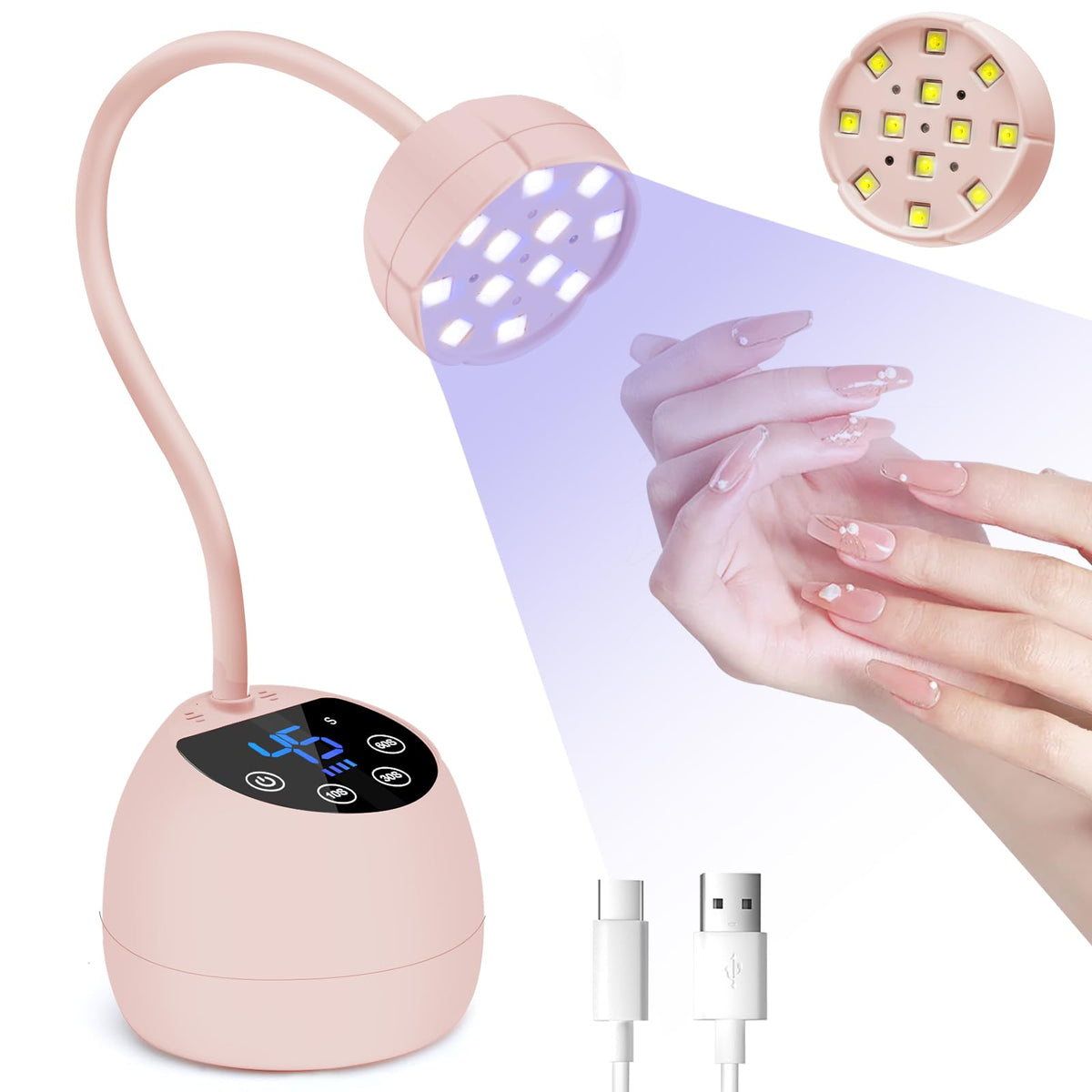 CGBE UV LED Nail Lamp front view, compact design for quick gel polish curing.