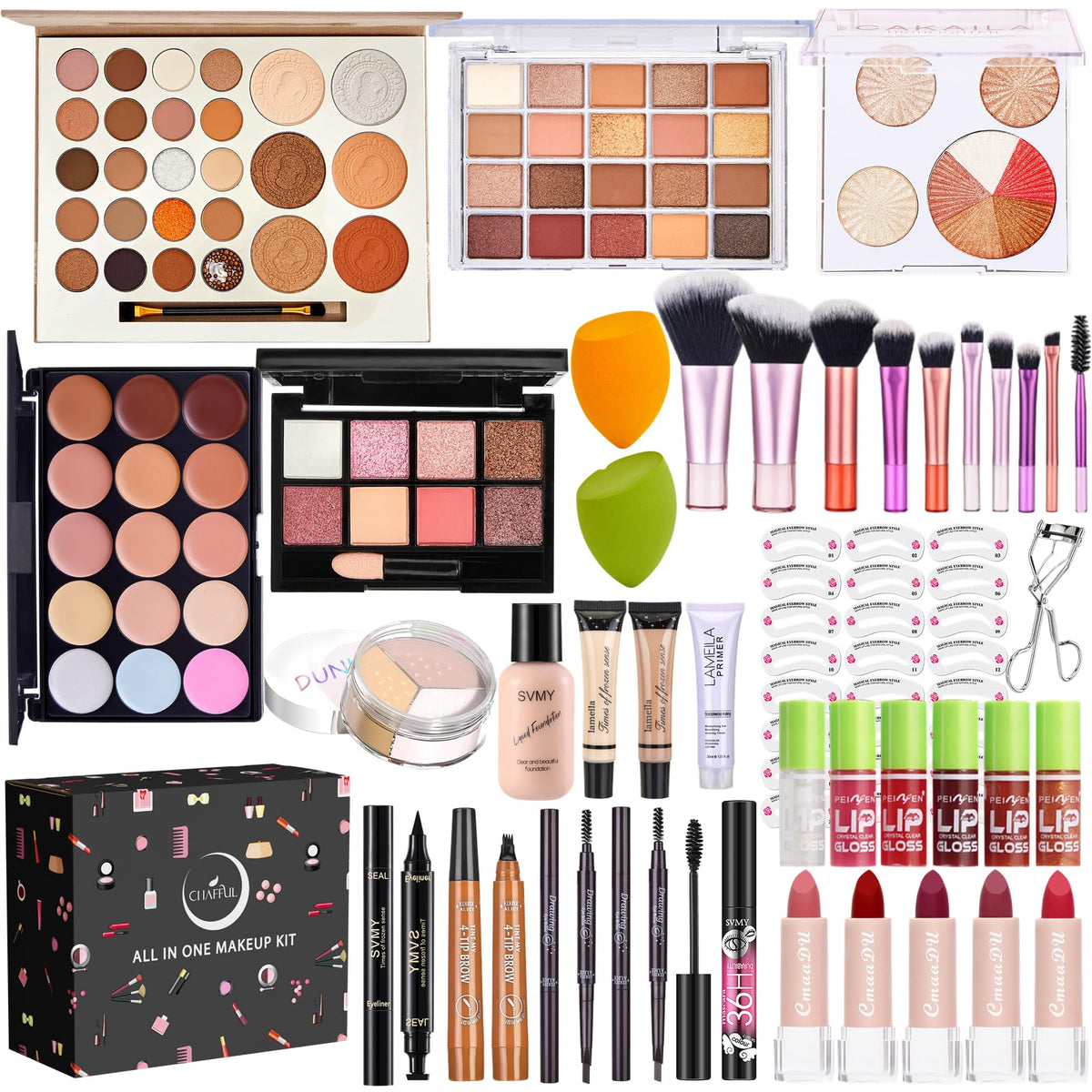 CHAFFUL all-in-one makeup kit collection provides a complete routine in one box.