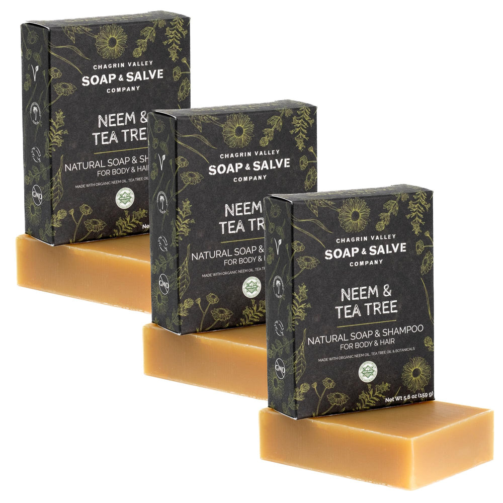 Chagrin Valley Neem and Tea Tree bar front packaging promotes a natural skincare ritual.