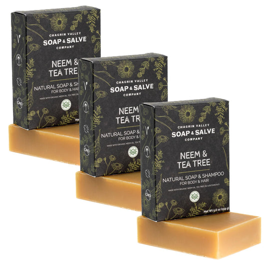 Chagrin Valley Neem and Tea Tree bar front packaging promotes a natural skincare ritual.