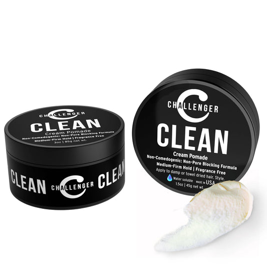 Challenger Clean fragrance-free cream pomade jar for non-comedogenic styling.