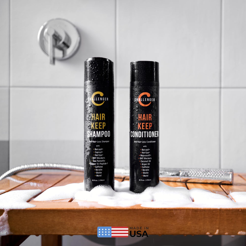 Challenger Hair Keep bottle beside towel ready for use