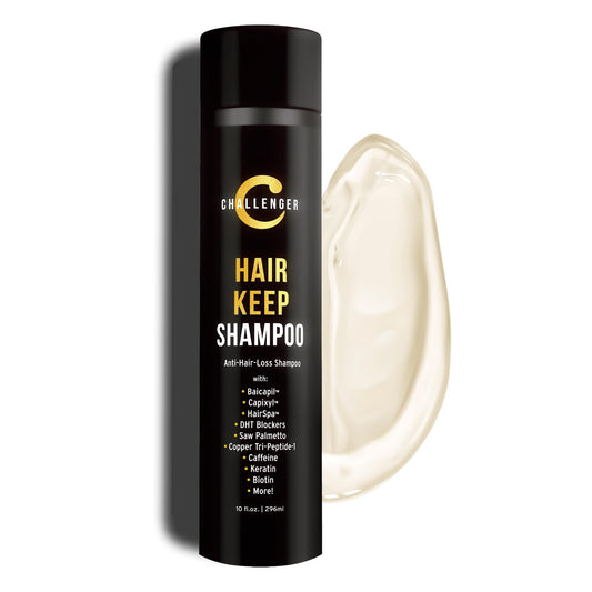 Challenger Hair Keep Shampoo bottle with DHT-blocking formula for men.