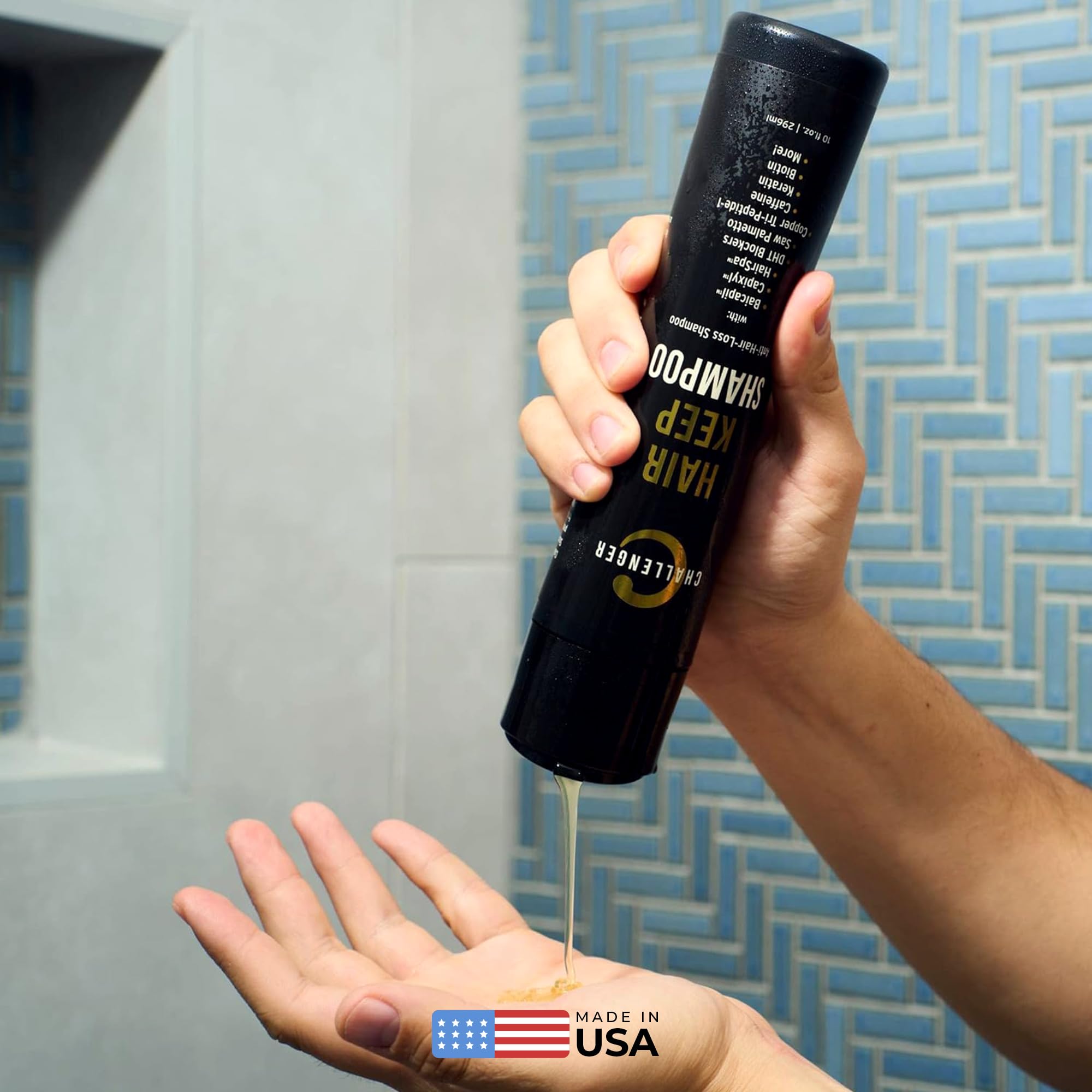 Challenger Hair Keep Shampoo pump top enables easy dispensing.