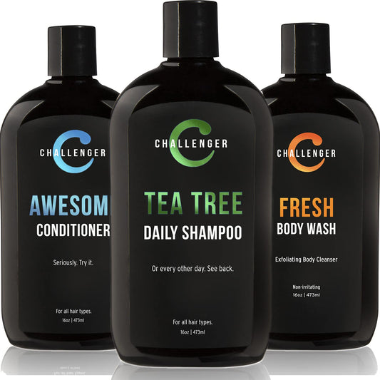 Challenger tea tree shampoo bottle offers a refreshing cleanse and scalp support
