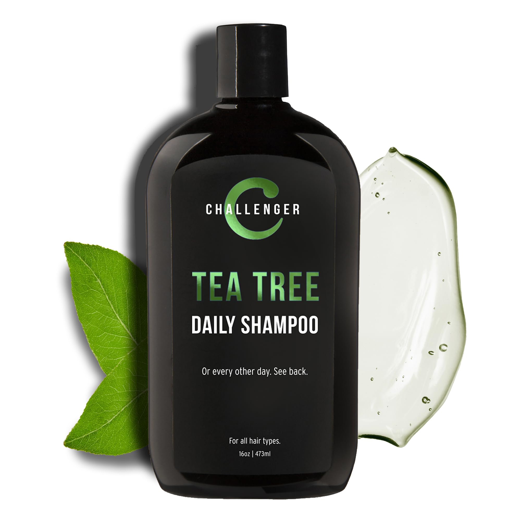Challenger Tea Tree Shampoo bottle shows a sulfate-free formula for sensitive scalps.