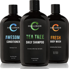 Challenger tea tree shampoo bottle offers a refreshing cleanse and scalp support