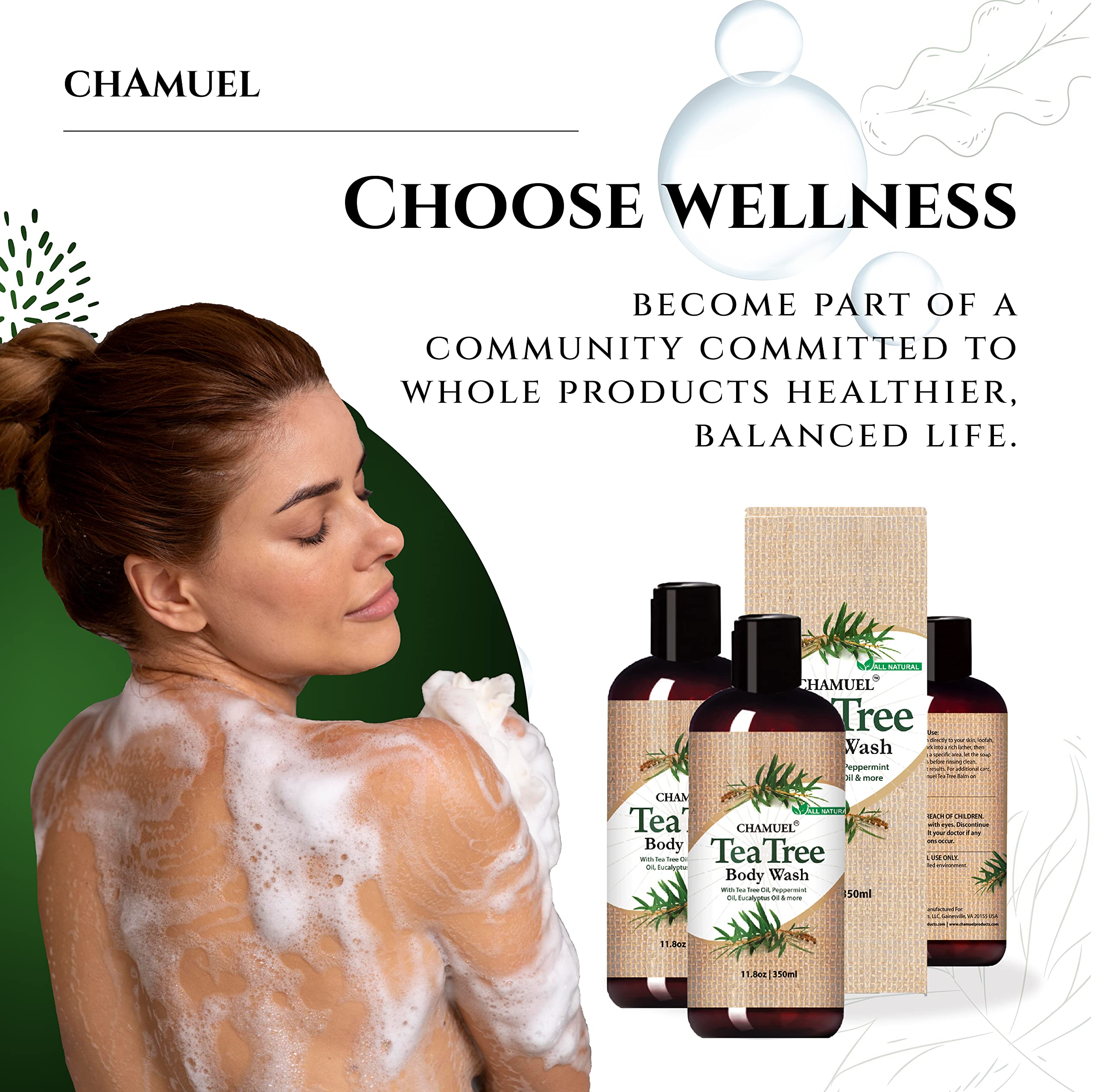 Chamuel Tea Tree Body Wash on bathroom shelf ready for routine.