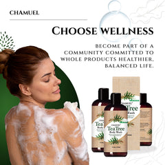 Chamuel Tea Tree Body Wash on bathroom shelf ready for routine.