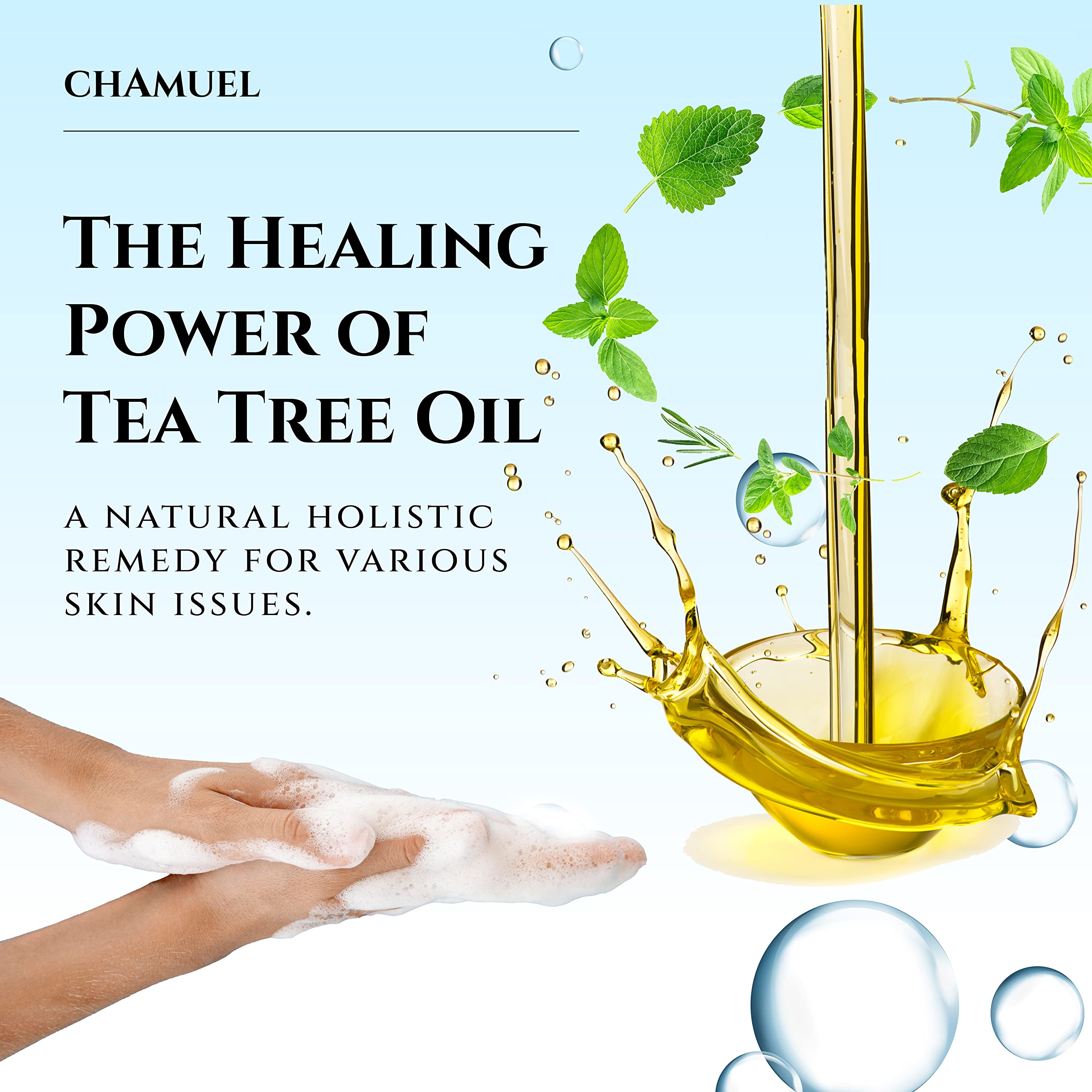Chamuel Tea Tree Body Wash being poured for refreshing cleansing.