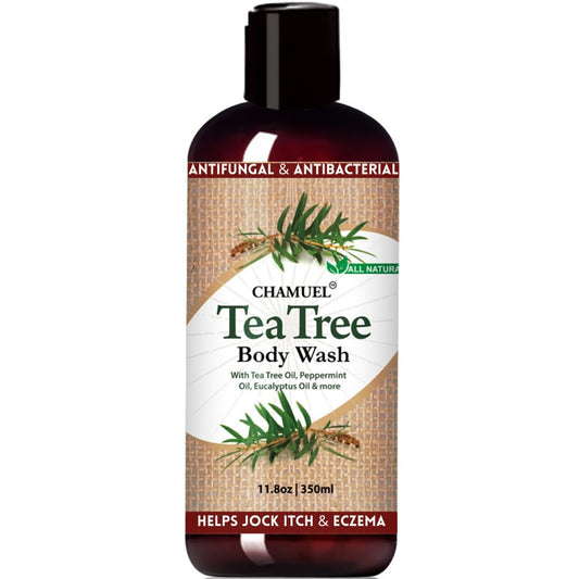 Chamuel Tea Tree Body Wash bottle front view, natural formula for gentle cleansing.