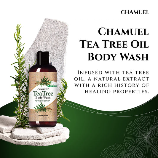 Chamuel Tea Tree Body Wash bottle side view, plant-powered care for sensitive skin.