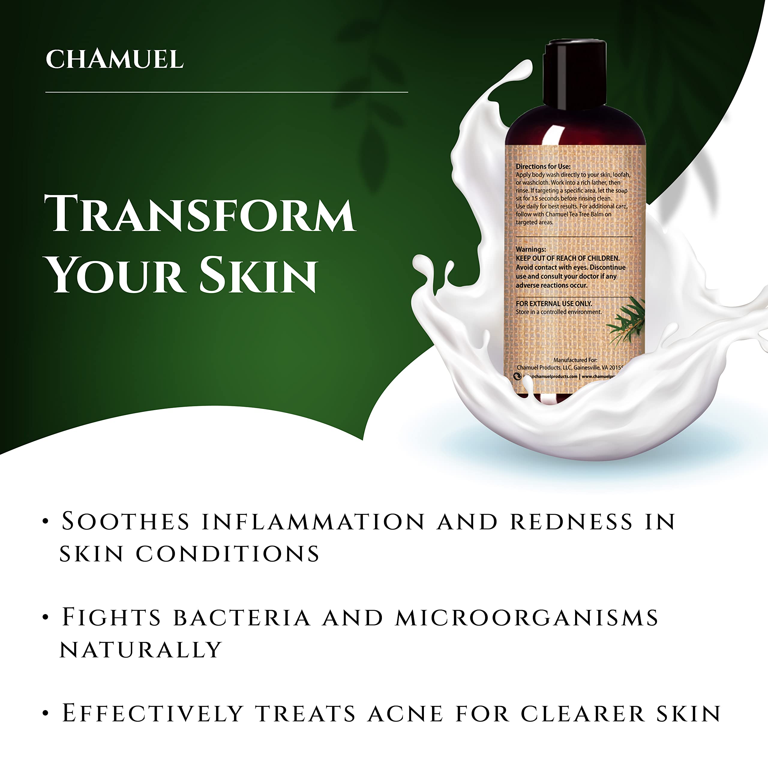 Chamuel Tea Tree Body Wash ingredients visual featuring Aloe Vera and essential oils.