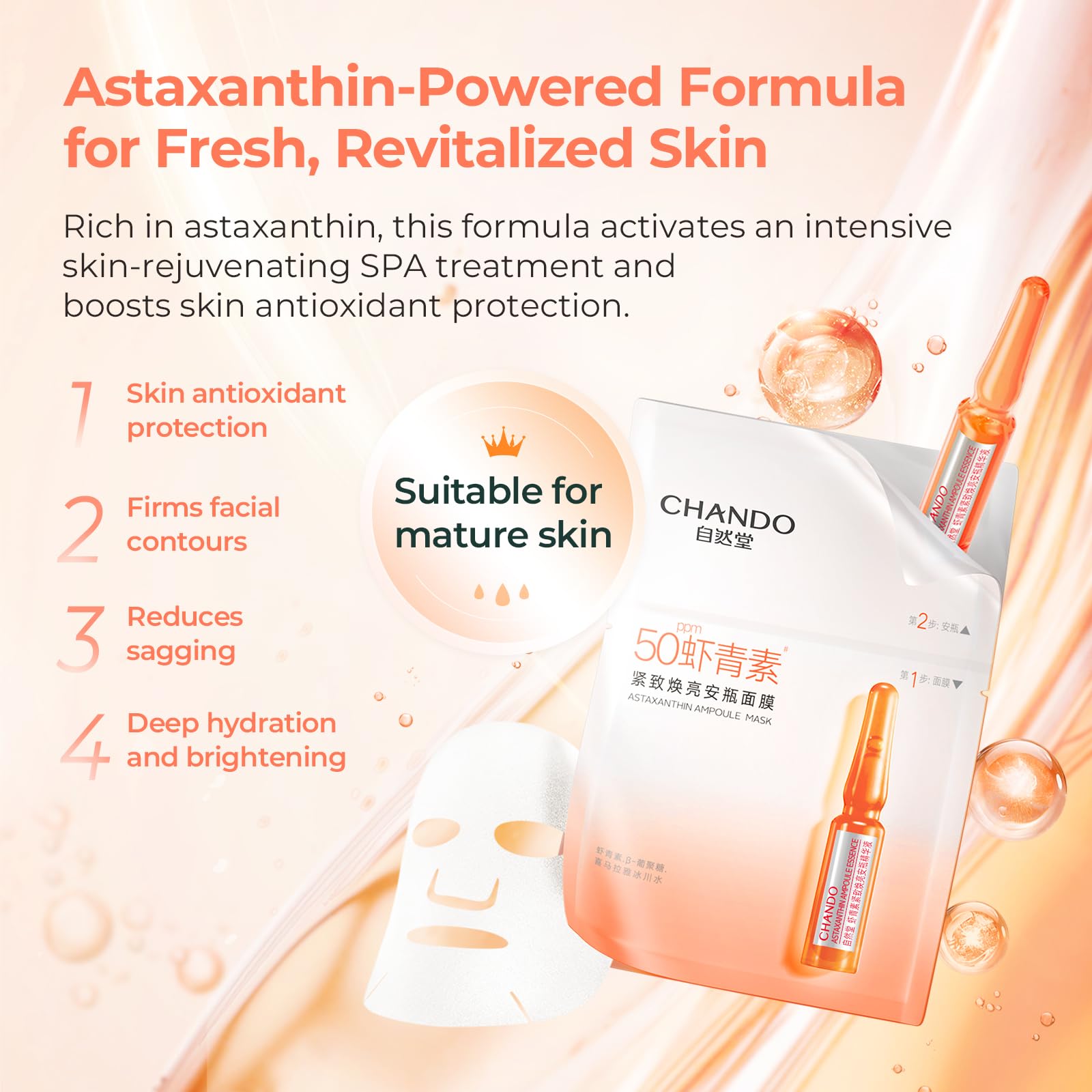 CHANDO HIMALAYA astaxanthin ampoule close-up, highlighting the brightening formula.