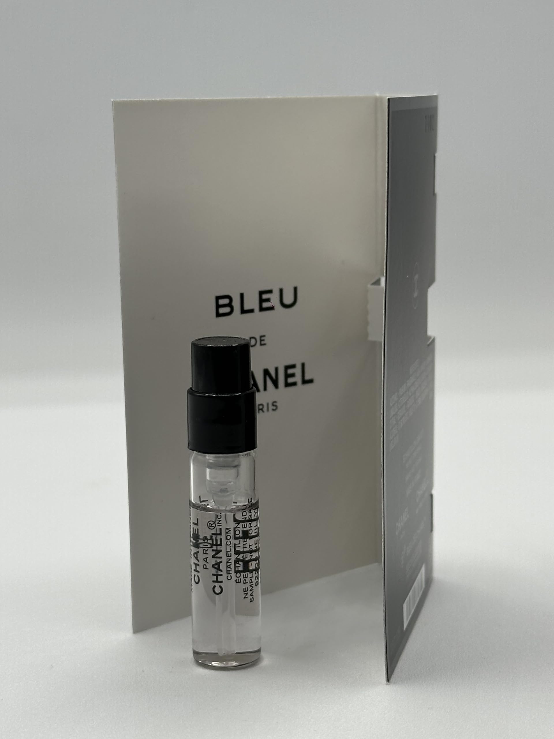 Chanel Bleu de Parfum sample label with 'Sample - Not for Sale' guidance.