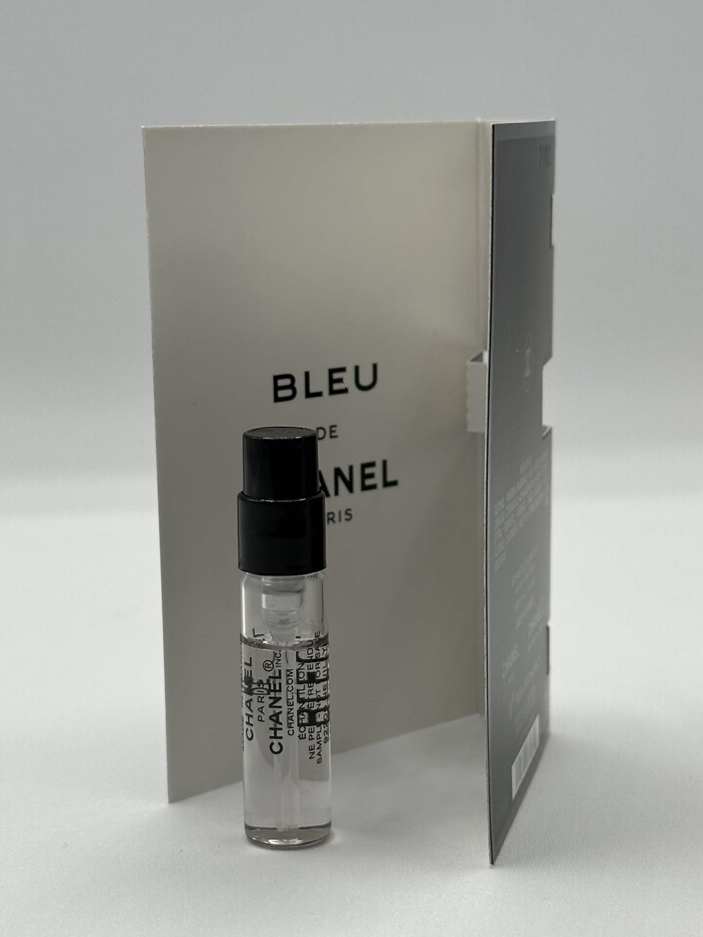 Chanel Bleu de Parfum sample label with 'Sample - Not for Sale' guidance.