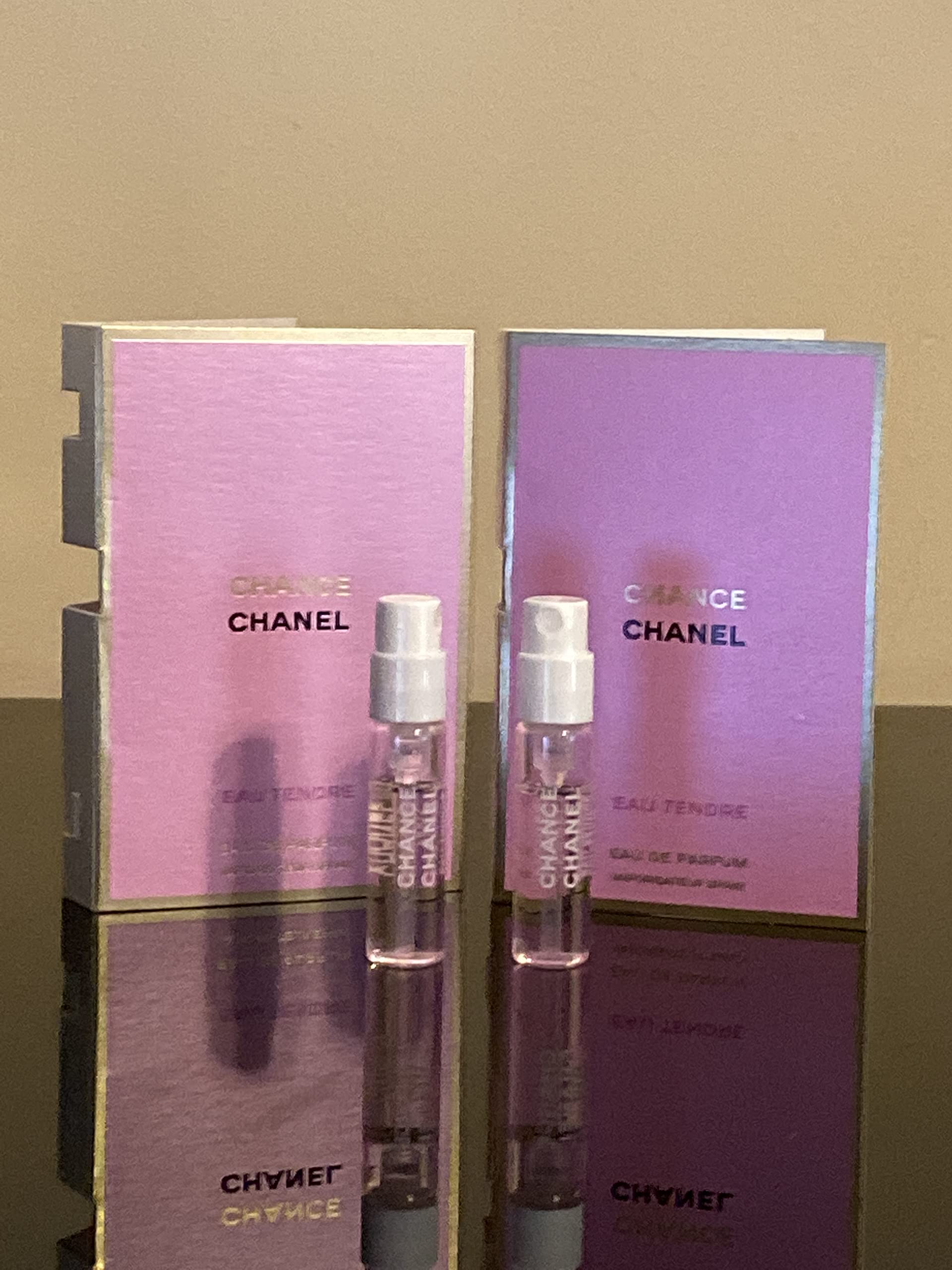 CHANEL Chance Eau Tendre sampler vial closeup, travel-friendly fragrance for on-the-go moments