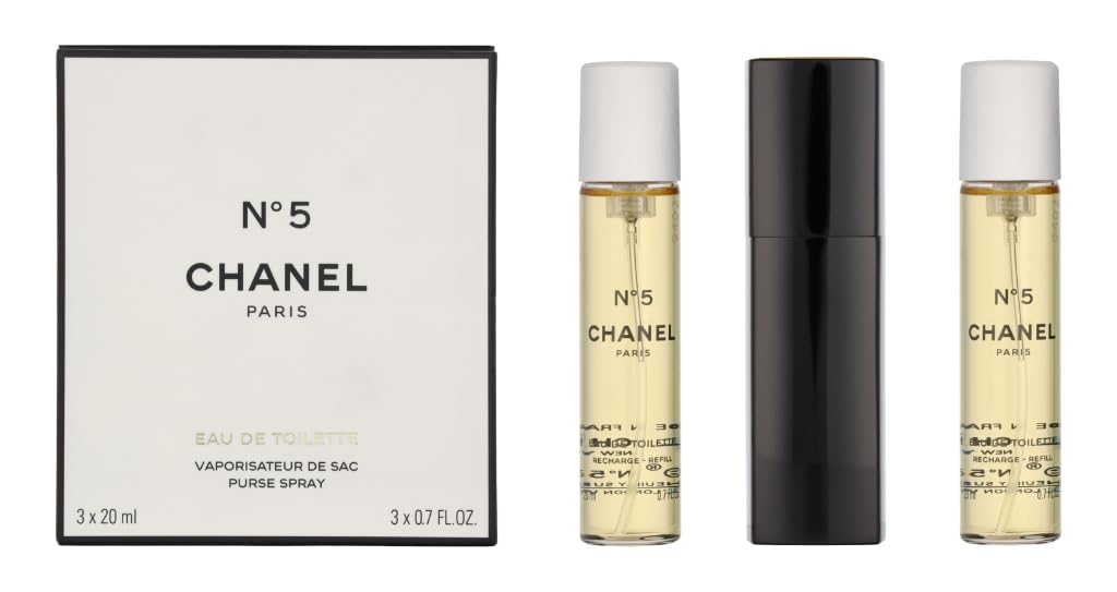 Chanel No. 5 eau de toilette spray showcases timeless elegance and travel-ready packaging.