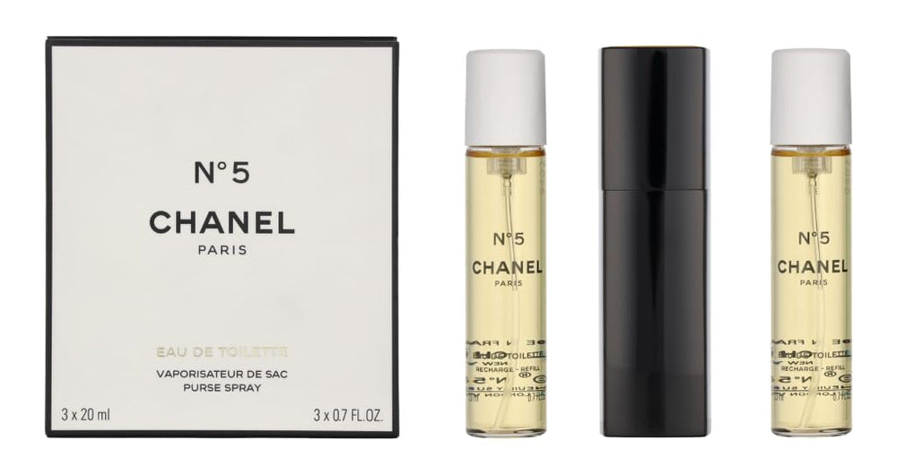 Chanel No. 5 eau de toilette spray showcases timeless elegance and travel-ready packaging.