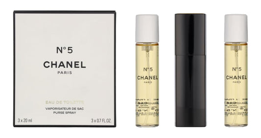 Chanel No. 5 eau de toilette spray showcases timeless elegance and travel-ready packaging.