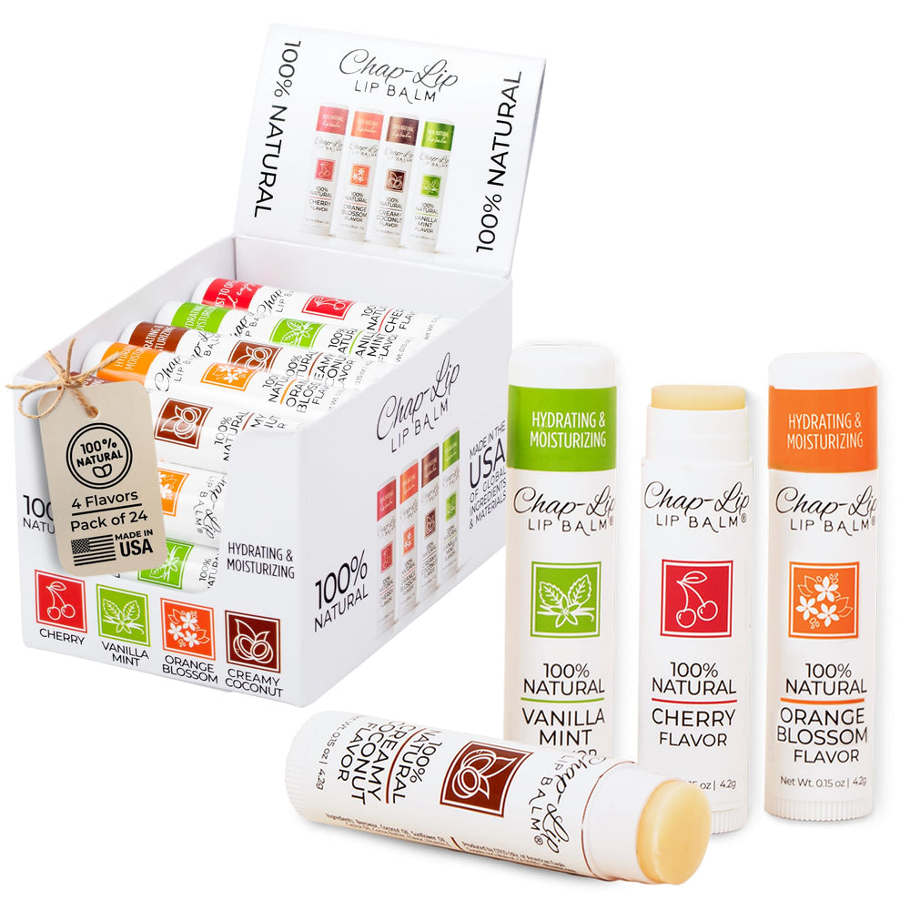 Chap-Lip Lip Balm 4-flavor assortment pack shot highlighting natural formula