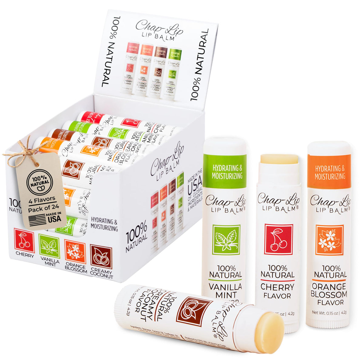 Chap-Lip Lip Balm 4-flavor assortment pack shot highlighting natural formula