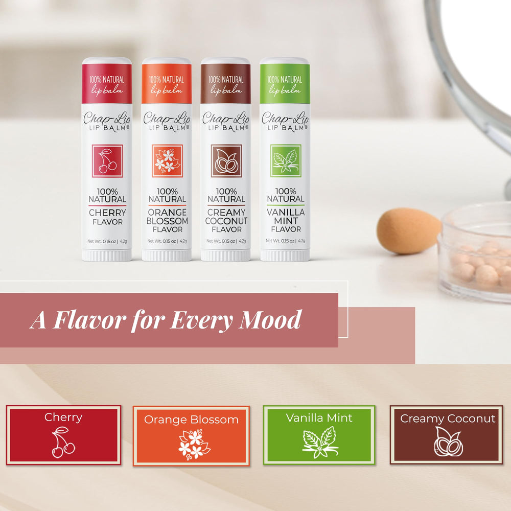 Chap-Lip Lip Balm cherry flavor close-up highlighting nourishing beeswax and cocoa butter.
