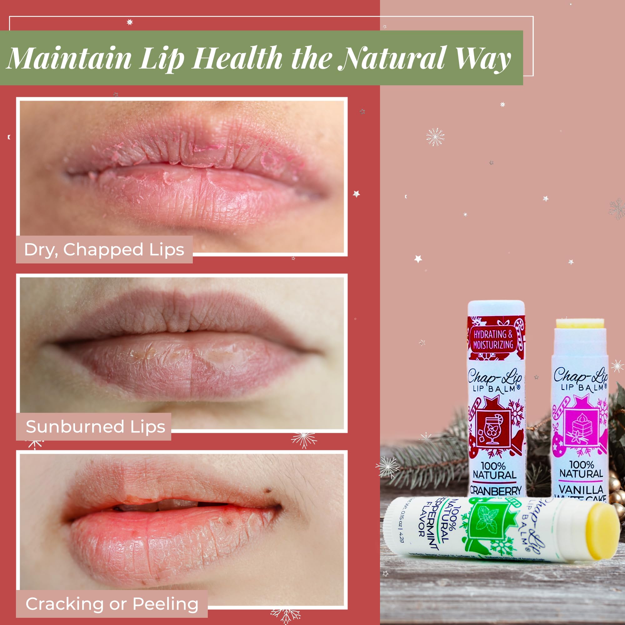 Chap-Lip ingredients close-up featuring beeswax, coconut oil, and vitamin E for nourishment.