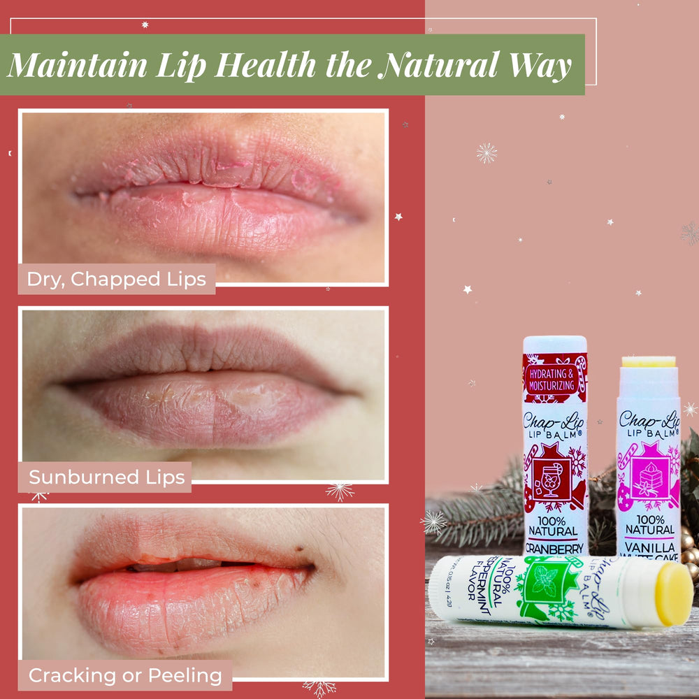 Chap-Lip ingredients close-up featuring beeswax, coconut oil, and vitamin E for nourishment.