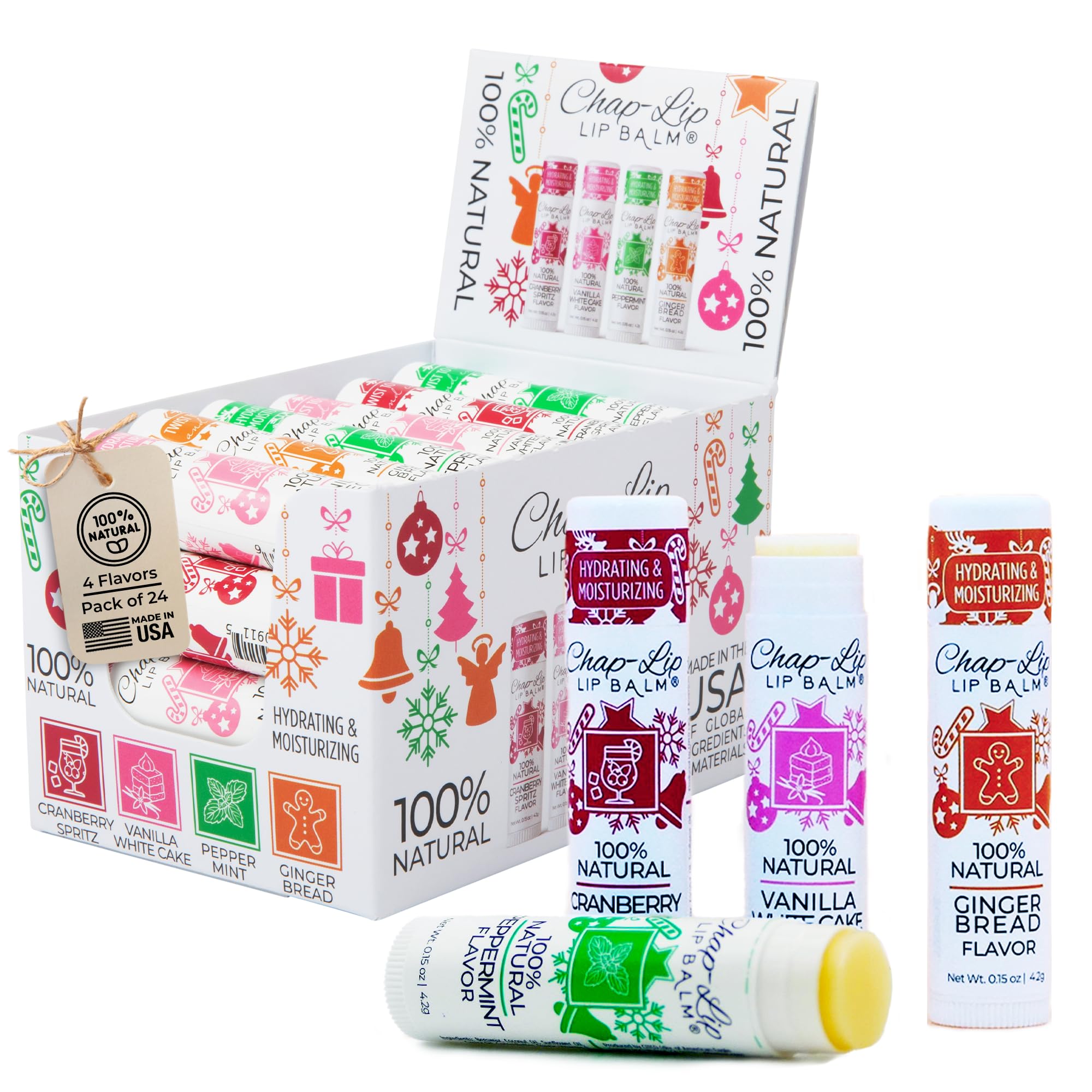 Chap-Lip Lip Balm set front view, gift-ready 24 natural tubes for daily hydration.