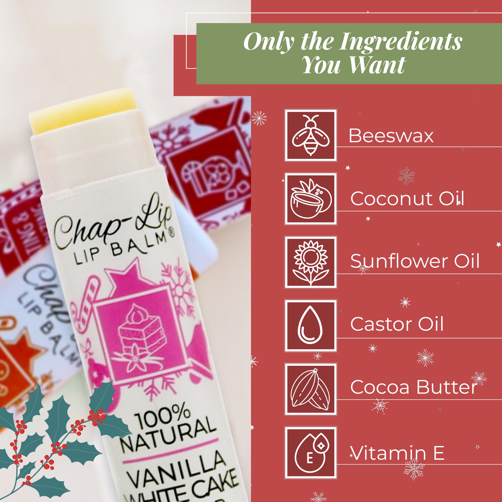 Chap-Lip Lip Balm USA-made label highlighting natural ingredients for care.