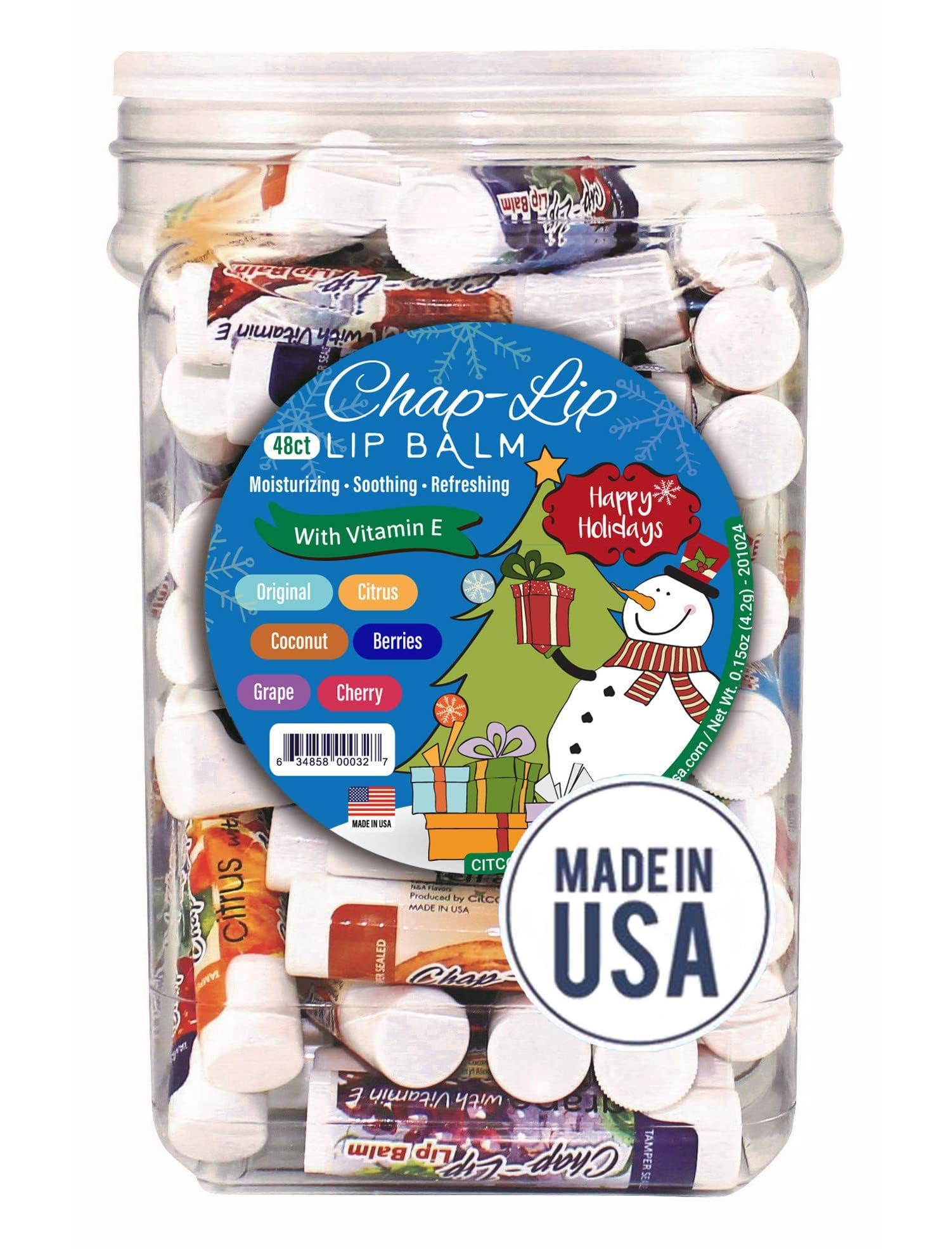 Chap-Lip Vitamin E Lip Balm holiday jar showpiece with six flavors for gifting.