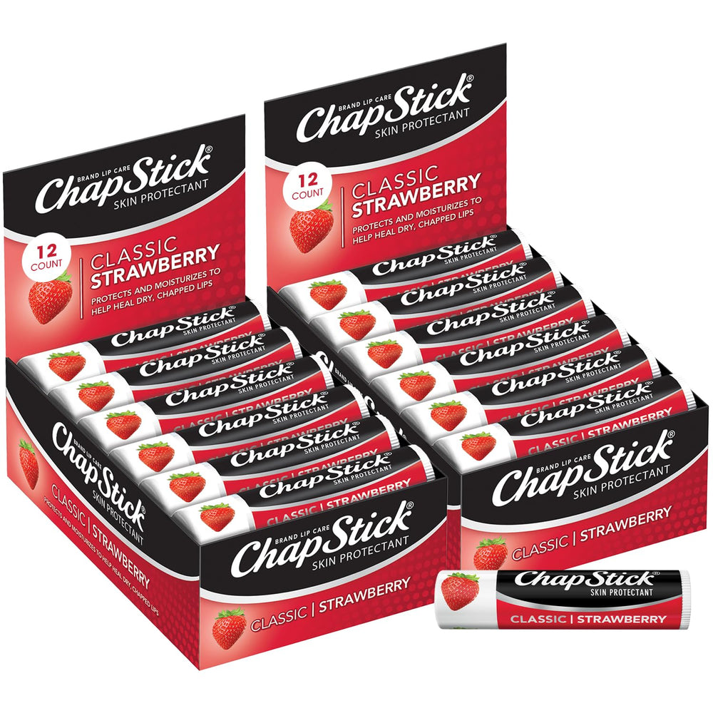 ChapStick Classic Strawberry tube front view for on-the-go lip moisturization.