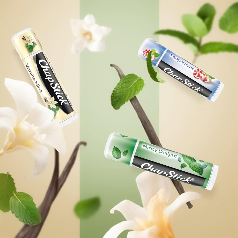 ChapStick Vanilla Mint tube close-up, soothing scent for daily lip care.