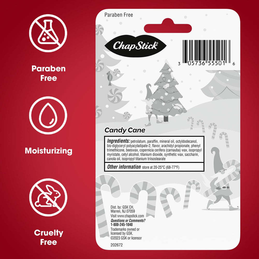 ChapStick brand logo on Candy Cane lip balm packaging.