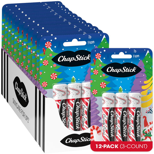 ChapStick Candy Cane bulk packaging shows 36 tubes for gifting.