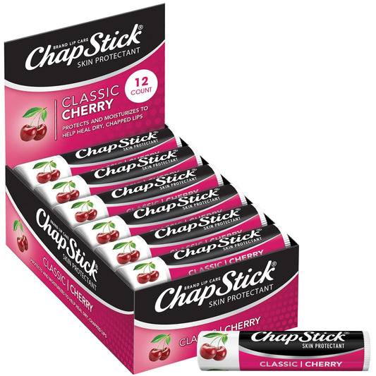 ChapStick Classic Cherry 12-pack tubes for daily lip moisture on the go.