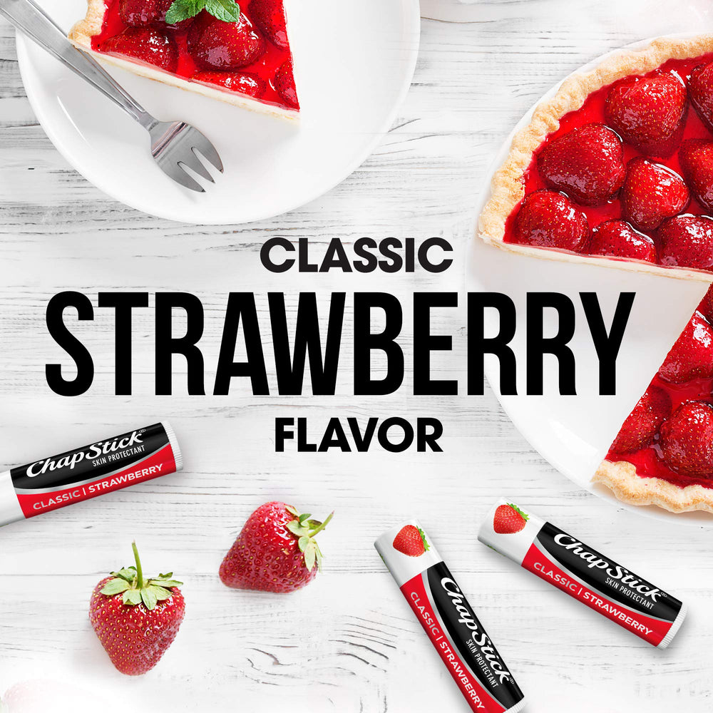 ChapStick Classic Strawberry applied on lips for moisture and color.