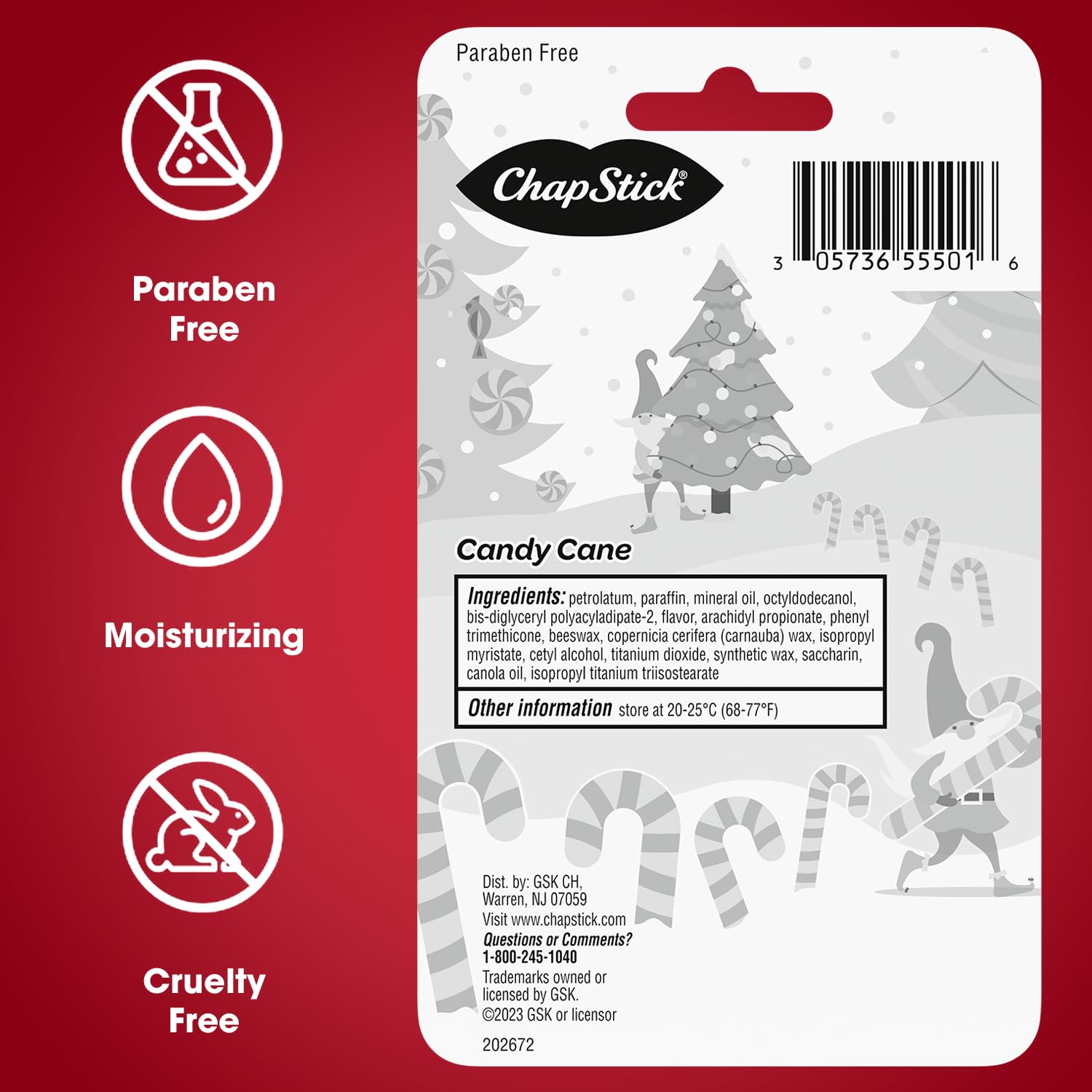 Candy Cane fragrance with smooth glide for everyday lip care.