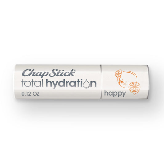 ChapStick Total Hydration lip balm tube with happy orange and lemon aroma for smooth lips