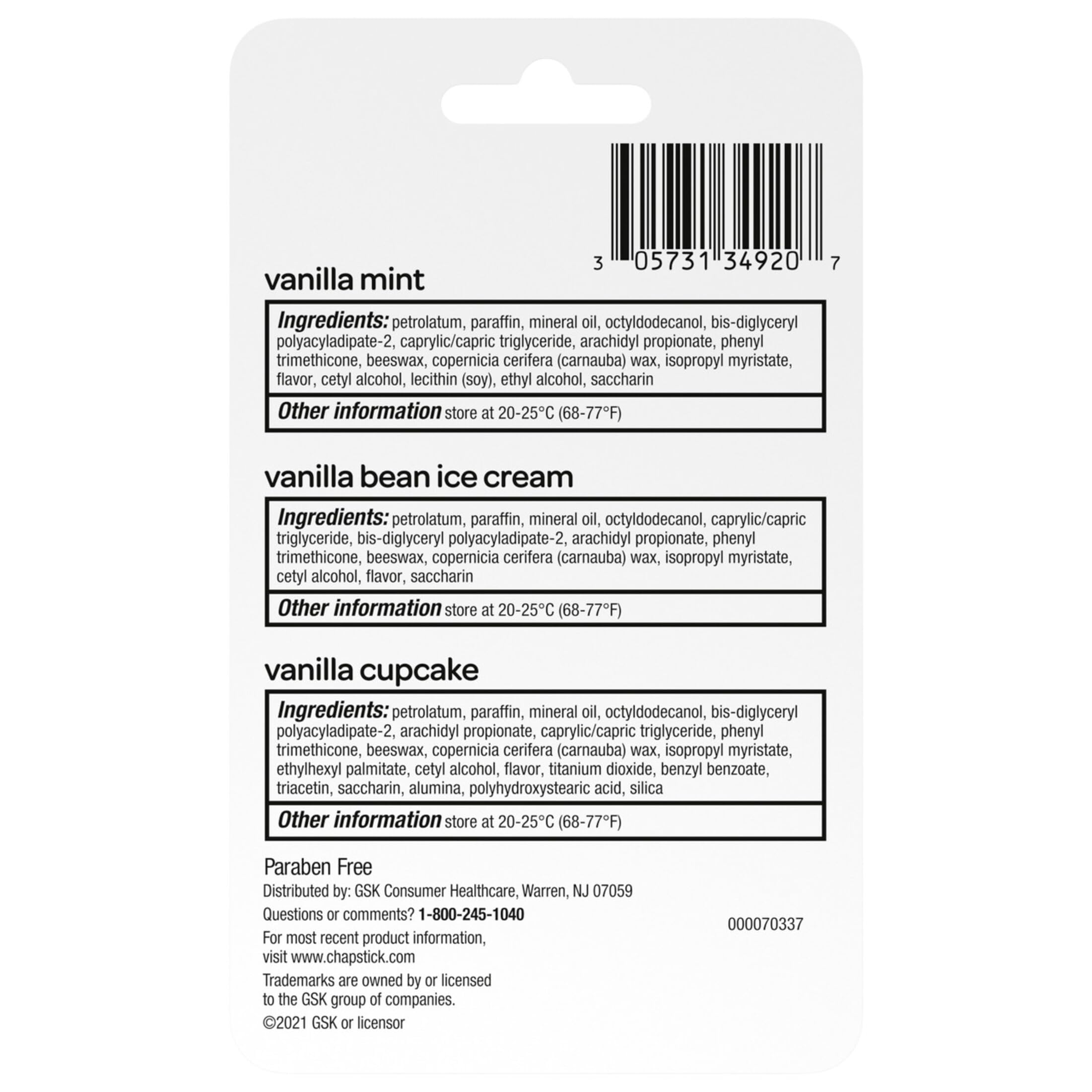ChapStick Vanilla Favorites pack back view lists flavors and usage ideas.