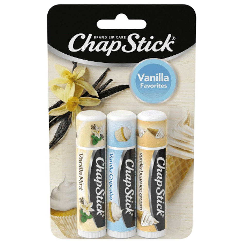 ChapStick Vanilla Favorites pack front view highlighting three flavors for lips.
