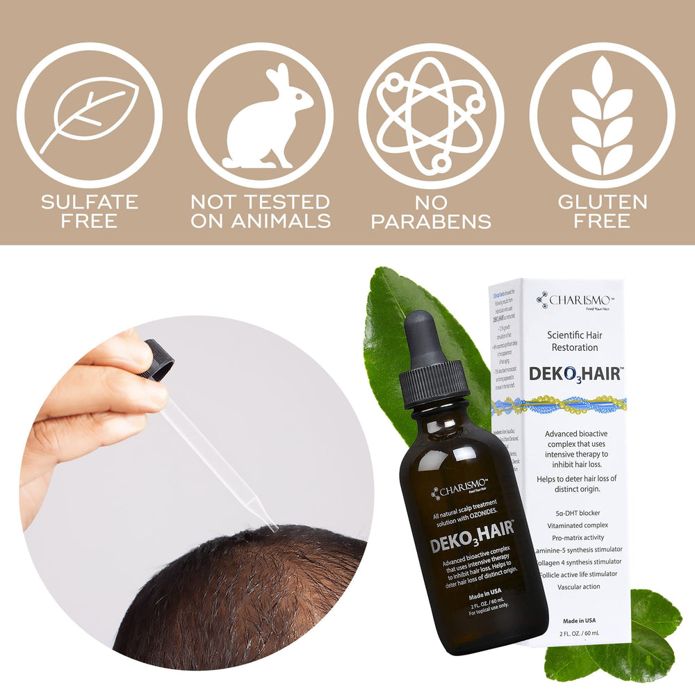 Charismo Dekohair serum lifestyle shot beside bathroom essentials for daily routine